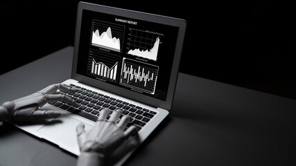 Robotic hand interacts with a laptop displaying detailed data charts and graphs, highlighting technology role in modern data analysis and business insights. Impute