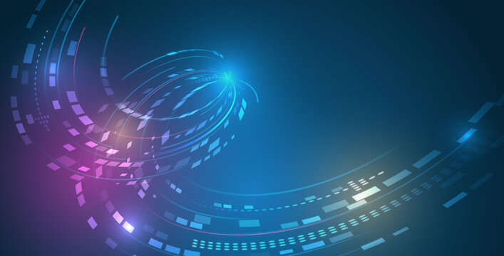 Abstract futuristic technology background with swirling digital arcs, glowing particles, and data streams, symbolizing innovation, information flow, and high-speed digital transformation.