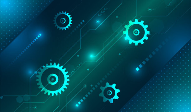 Futuristic technology background with glowing gears, circuit lines, and digital elements, symbolizing automation, engineering processes, system integration, and high-tech innovation.