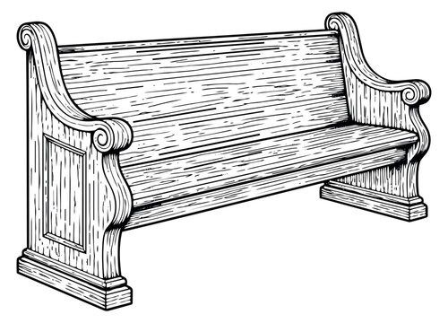Hand drawn line art illustration of a church pew depicting a traditional wooden design for worship