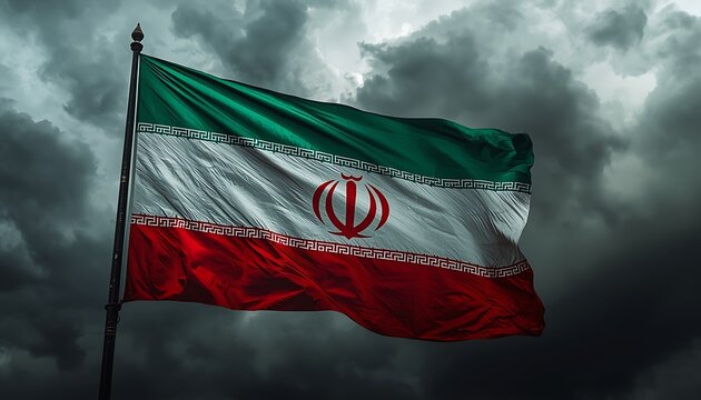 Iran flag waving against dramatic stormy sky background