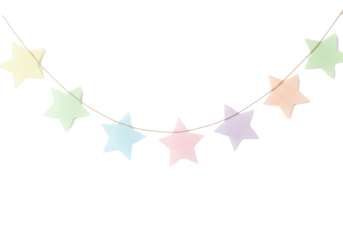 Seven star-shaped pennants, soft watercolor texture, pastel yellow, green, blue, lavender, pink, peach, orange, hanging curved on transparent background with copy space, delicate celebration