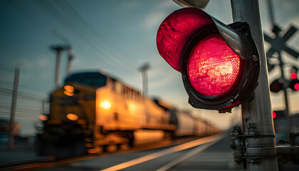  Close-up of a flashing traffic light at a railroad crossing as a freight train passes through the intersection.