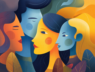 Abstract flat vector illustration of multiple stylized faces with geometric shapes and grainy texture