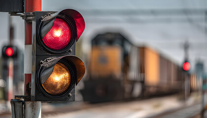  Close-up of a flashing traffic light at a railroad crossing as a freight train passes through the intersection.