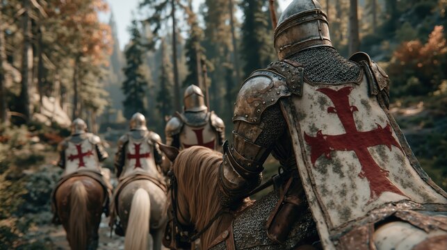 Medieval Knights Templar in full armor riding horses through a forest. Back view of crusaders on a historic journey or quest