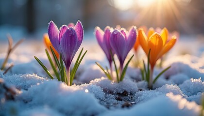 Purple and orange crocuses bloom through melting snow as winter ends. Bright sun rays illuminate delicate petals and green stems in a garden awakening to spring.