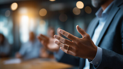 Faceless speaker's hands during training session in business office professional presentation corporate workshop educational seminar teaching gesture instructional delivery