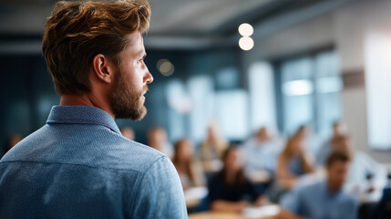 Faceless man standing in front of classroom full of students teaching security concepts specialist training employees awareness education cybersecurity instruction