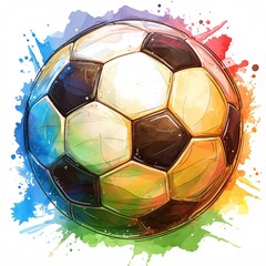 Naklejka premium Watercolor soccer ball clipart on a white background. Colorful splash art sport equipment for competition and healthy lifestyle concept.