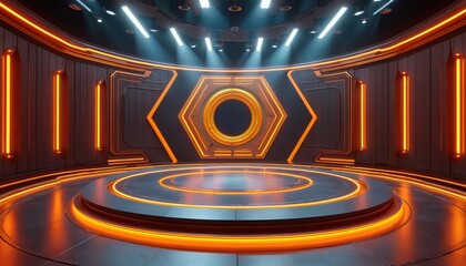 Modern futuristic broadcast studio set with circular stage. Orange and white lights illuminate a sleek pro media platform for virtual events and live shows.