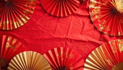 Red and gold chinese paper fans on red background with for your.