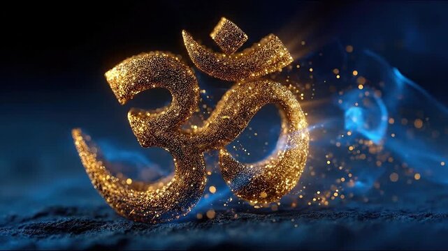 Golden Om symbol with glittering particles and magical blue smoke for spiritual meditation and yoga background