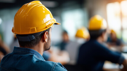 Faceless construction workers attending safety training course in classroom workplace education compliance instruction building industry learning protective protocol employee