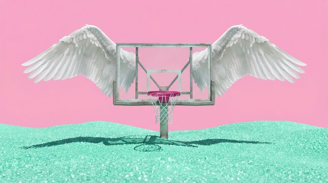 A surreal basketball hoop with white wings attached set against a vibrant pink sky and green ground - Powered by Adobe