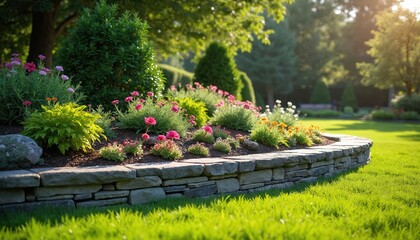 Obraz premium Manicured garden with rock retaining wall and colorful flowers. Rich green lawn surrounds raised flower beds with pink and yellow blossoms. Tall trees form verdant backdrop on sunny day.
