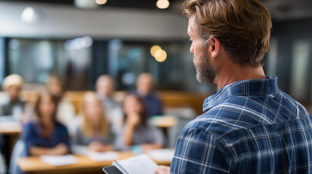 Faceless male trainer conducting business training in class professional education corporate workshop skill development instructional session team learning leadership - Powered by Adobe