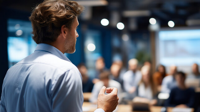Faceless professional man giving presentation to group in modern conference room projector screen display corporate meeting business training team education professional works