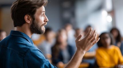 Faceless male speaker presenting at university workshop lecture hall engaged audience academic training educational seminar professional development teaching session