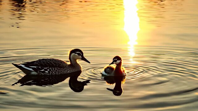 A mother duck swims gracefully with her duckling in a serene pond at sunset, creating ripples in the water. The mother duck and duckling are illuminated by the warm light of the sunset.