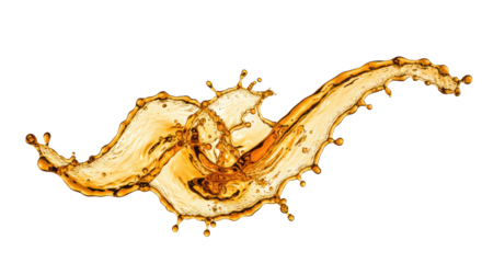Dynamic sculptural splash of rich golden-amber liquid, swirling curves, airborne droplets, isolated on transparent, high-speed product photography, concept for beverage advertising.