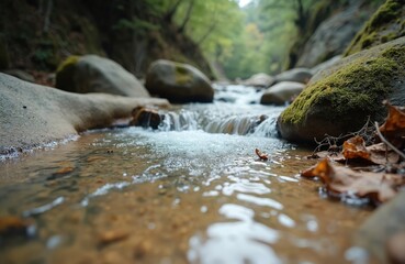 Shallow mountain stream flows over mossy rocks and dry leaves. Clear water cascades down smooth stones in a wild, untouched natural forest setting.