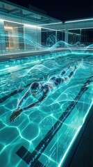 Obraz premium Swimmer woman with digital data overlay on water. Sport performance analysis and futuristic training concept. Virtual reality exercise.