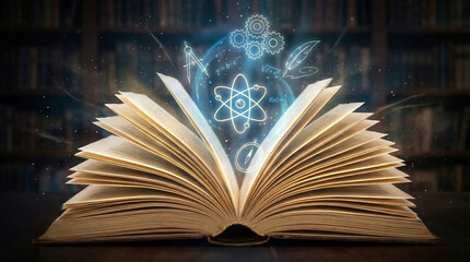 An open book emits a glowing atom symbol surrounded by swirling symbols in a library