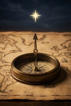 An antique compass on an old map points towards a shining star in the night sky