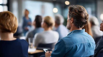 Fototapeta premium Faceless businesspeople attending presentation backs of heads visible corporate meeting concept workshop training professional development seminar audience defocused