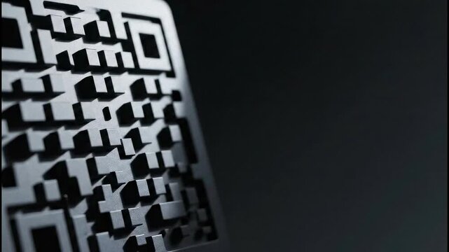 Close Up of a Textured Metallic QR Code in Dramatic Lighting with Deep Shadows on a Dark Gradient Background Perfect for Digital Technology Concepts and Data Transfer