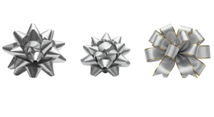 Three distinct elegant silver gift bows, voluminous, classic, and ornate with golden trim, arranged on a transparent background with subtle reflection, concept for festive holiday gifting