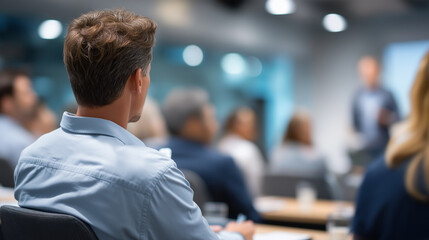 Faceless colleagues attending training workshop business situations in office professional development corporate learning team education workplace seminar bokeh background