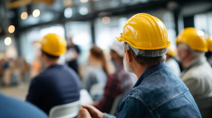 Faceless construction workers attending safety training course in classroom workplace education compliance instruction building industry learning protective protocol
