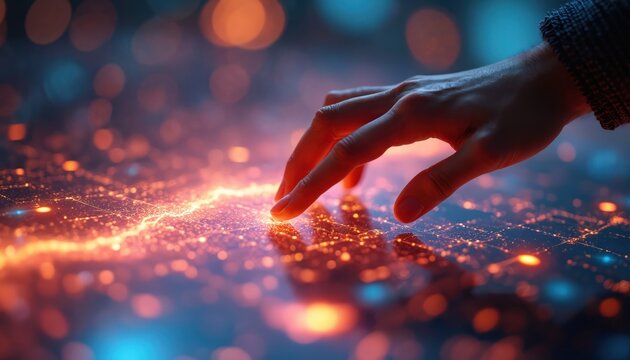 Human hand touches glowing digital interface with blue and orange lights. Network connection displays on screen, abstract futuristic background with bokeh effects.
