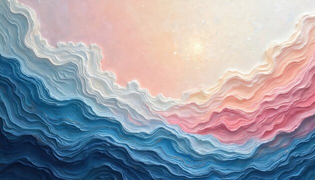 Textured abstract art resembles topographical map with wavy layers. Blue ocean meets pink sky with bright sunlight. Swirling patterns create depth and movement.