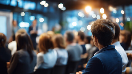 Large group diverse faceless attendees at professional business seminar presentations speakers modern technology indoor setting networking learning conference education