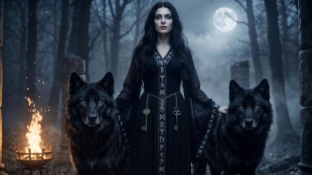 Hecate goddess standing in moonlit forest, flanked by black wolves or dogs, with torches, embodying witchcraft, crossroads, magic, darkness, ancient wicca mythology