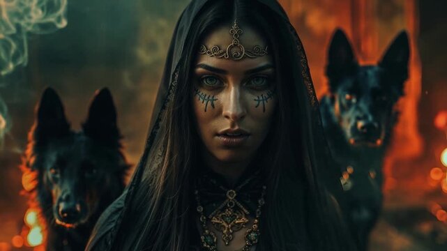 Hecate goddess with two black dogs amid flames depicting ancient Greek mythology witchcraft dark magic deity and supernatural pagan ritual ceremonial atmosphere