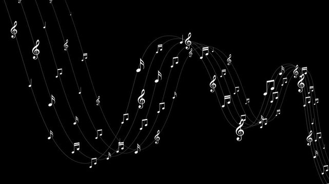 musical notes flying on cords alpha channel animation, curve trail white notas music and song isolated overlay social media motion design element