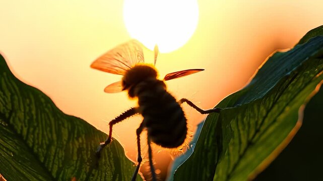 A bee sits on a leaf while the sun sets in the background, casting a warm glow. The bee's wings flutter gently as it rests on the leaf, absorbing the fading light.