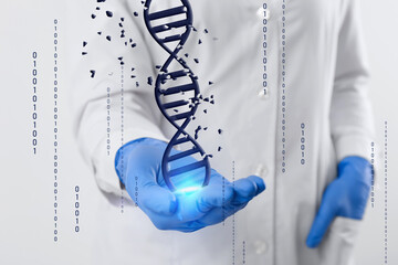 Doctor holding virtual DNA double helix and binary code on white background, closeup