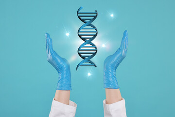 Virtual DNA double helix in doctor's hands on light blue background, closeup