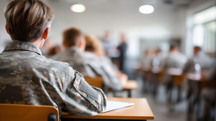 Classroom faceless military veterans studying for certification program job training career advancement returning from service education professional development skill building