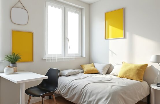Clean, minimalist dorm room with single bed, white desk, black chair. Bright window, yellow wall art, simple decor. Cozy student living space, bright interior. Modern design.