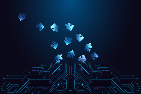 Puzzle pieces floating above circuit board, AI problem solving and digital intelligence process