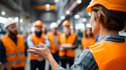 Faceless industrial workers gather in large warehouse for safety training wearing safety vests hard hats instructor guides training group listens attentively professional