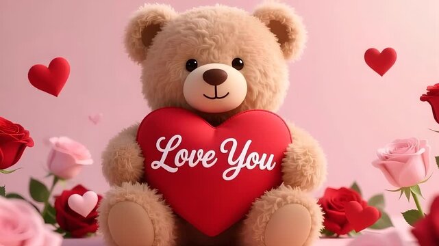 Teddy bear holding red heart with love you text in soft pastel lighting on pink background for valentines day gift