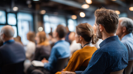 Fototapeta premium Large group faceless business people attending conference presentation professional seminar corporate training educational event team development networking opportunity