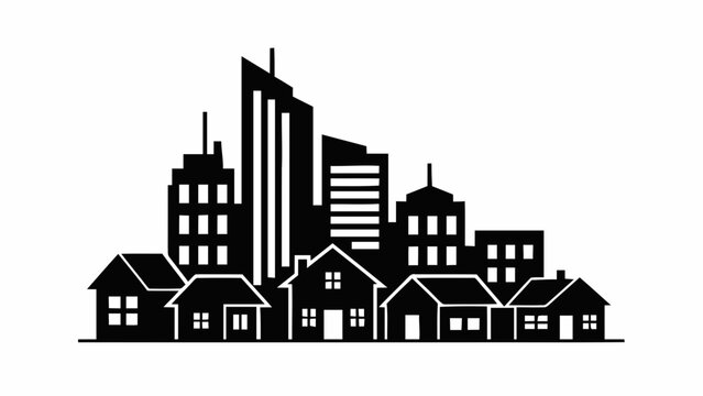 Vector illustration of a modern city skyline with diverse buildings and suburban houses silhouette